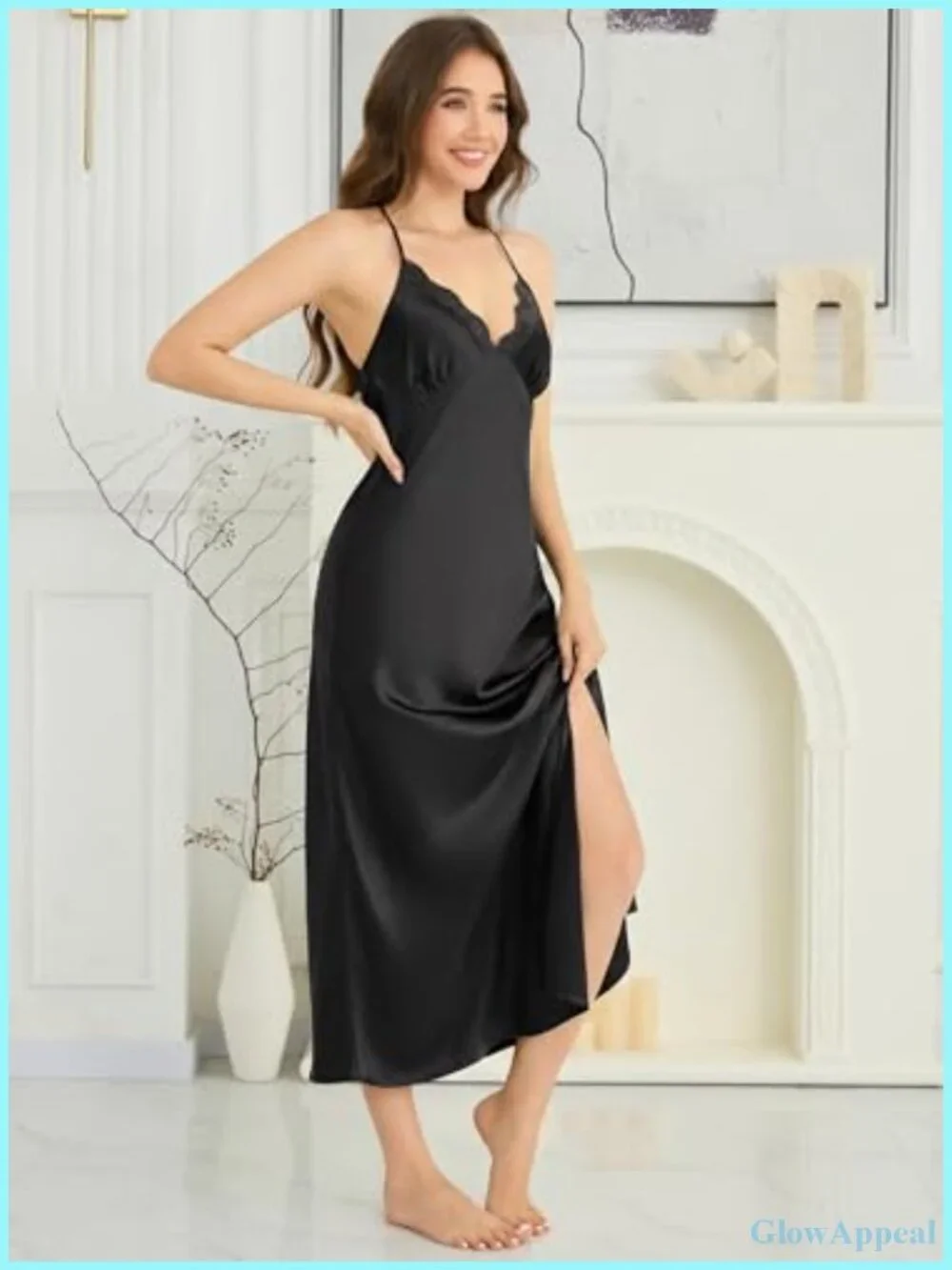 Silky Satin Lace V-Neck Backless Nightgown Slip Dress Women Sleepwear